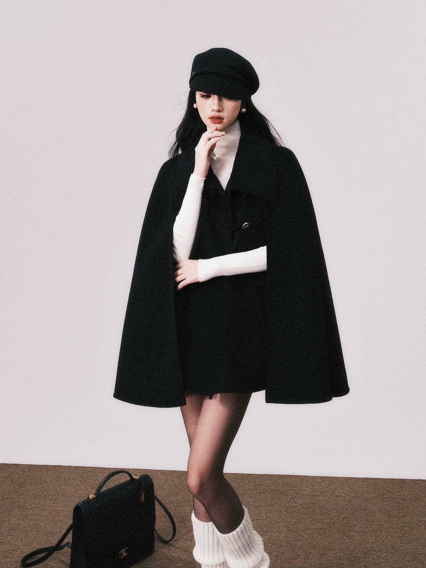 Double-sided Wool Black Wool Shawl Cape Coat LUL0109