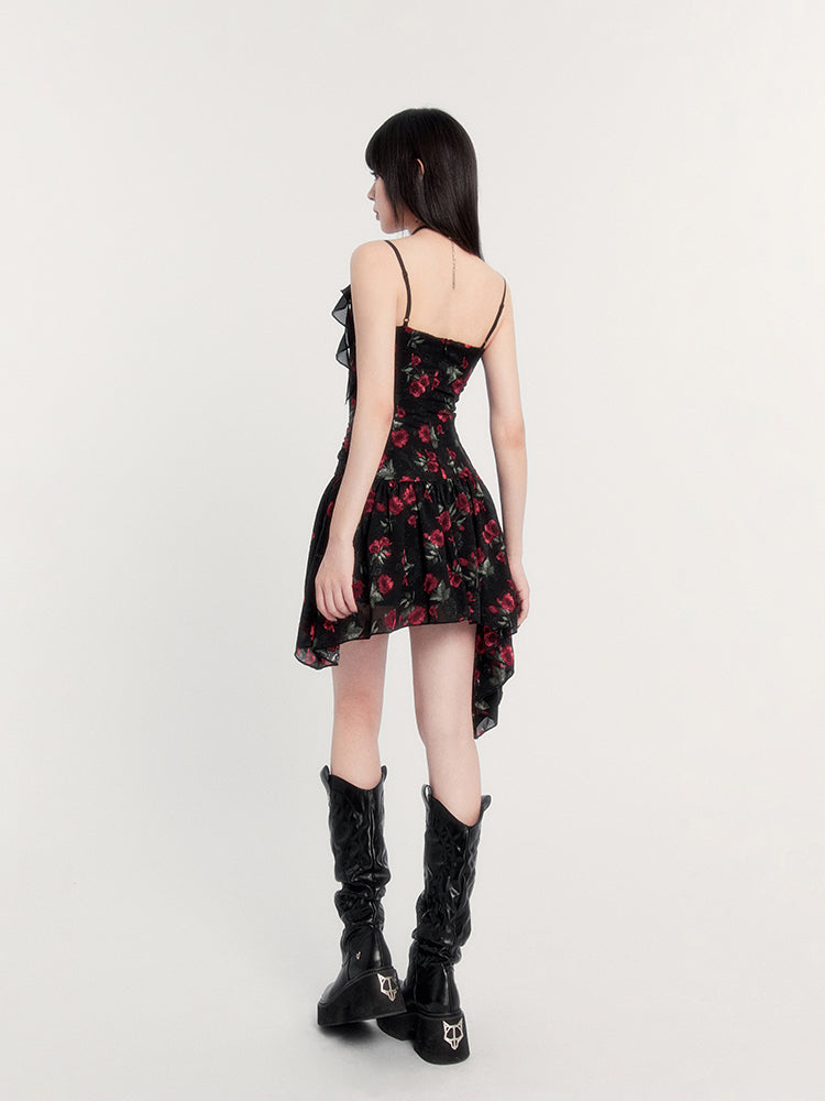 Rose French Black Floral Ribbon Suspender Dress VOC0221