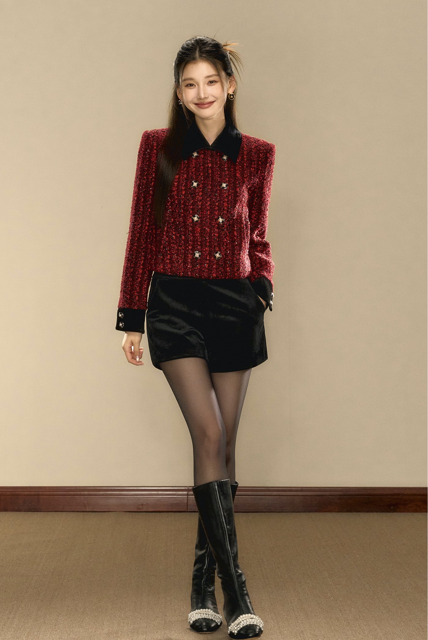 French Court Vintage Little Fragrance Double-breasted Wool Red Short Jacket OSH0097