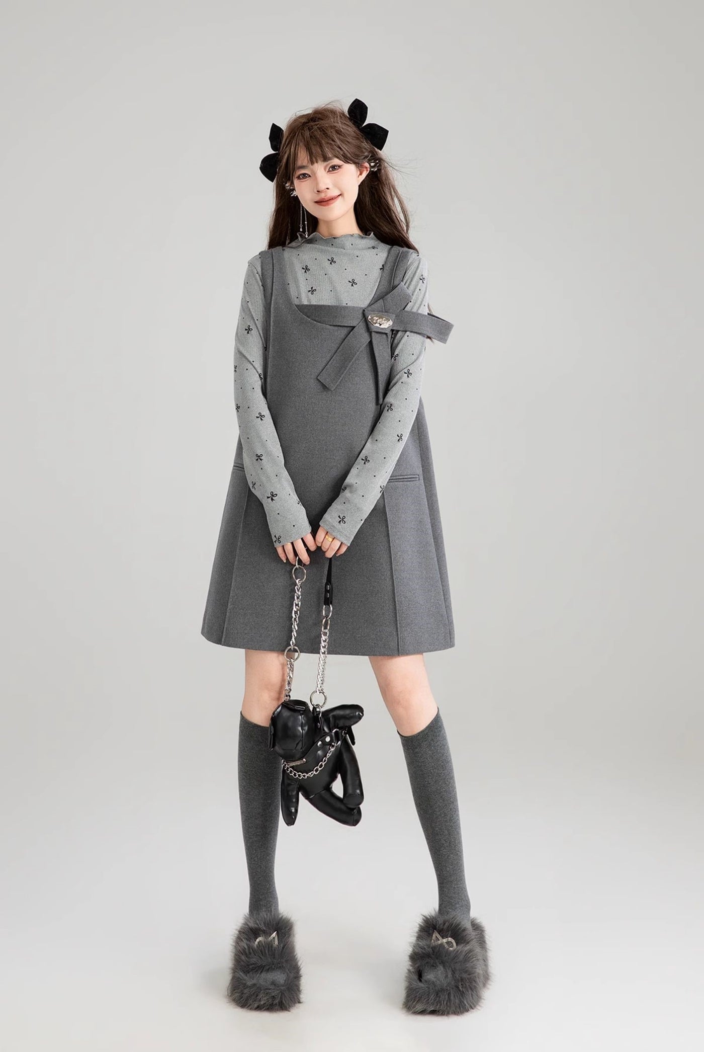 Gray Bow Tie Flower Suspender Dress/Bow Tie Design Top KEI0185