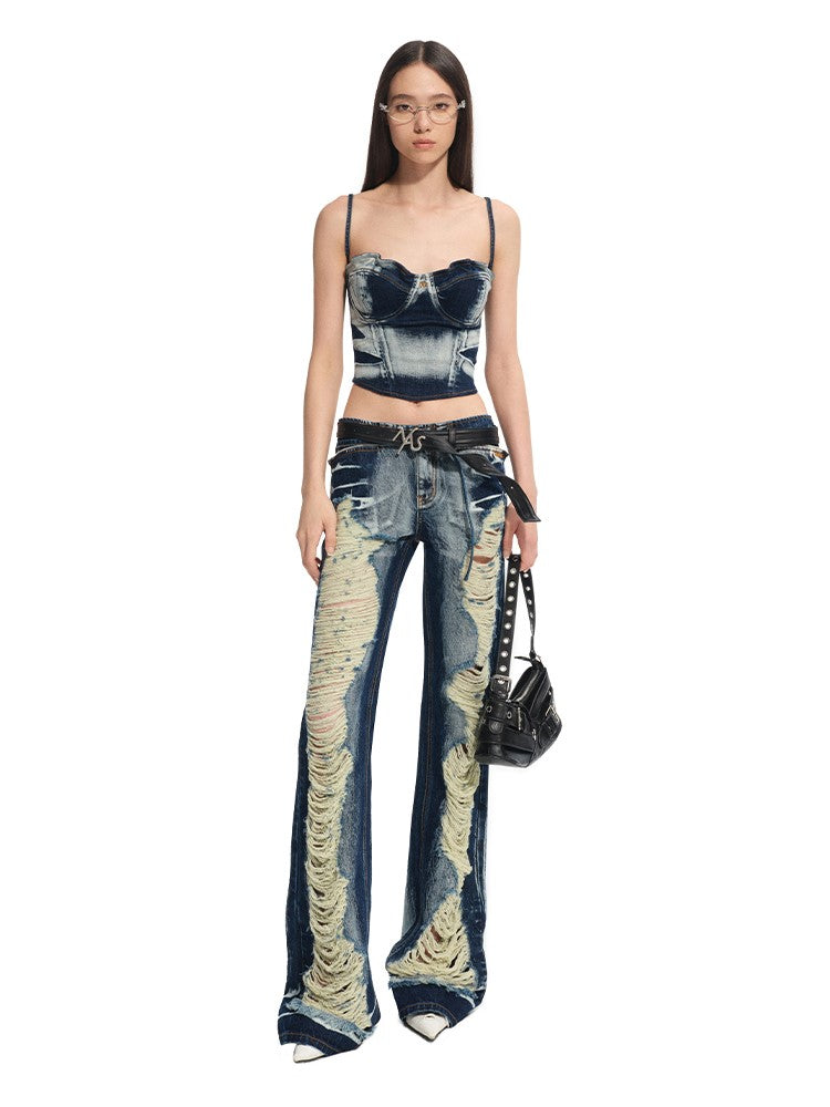 Washed Twill Denim Low-Rise Ripped Jeans NOT0313
