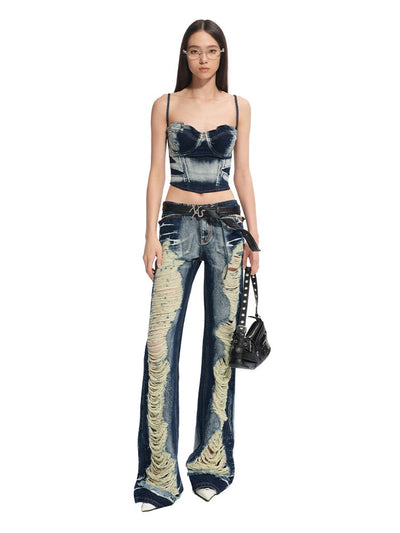 Washed Twill Denim Low-Rise Ripped Jeans NOT0313