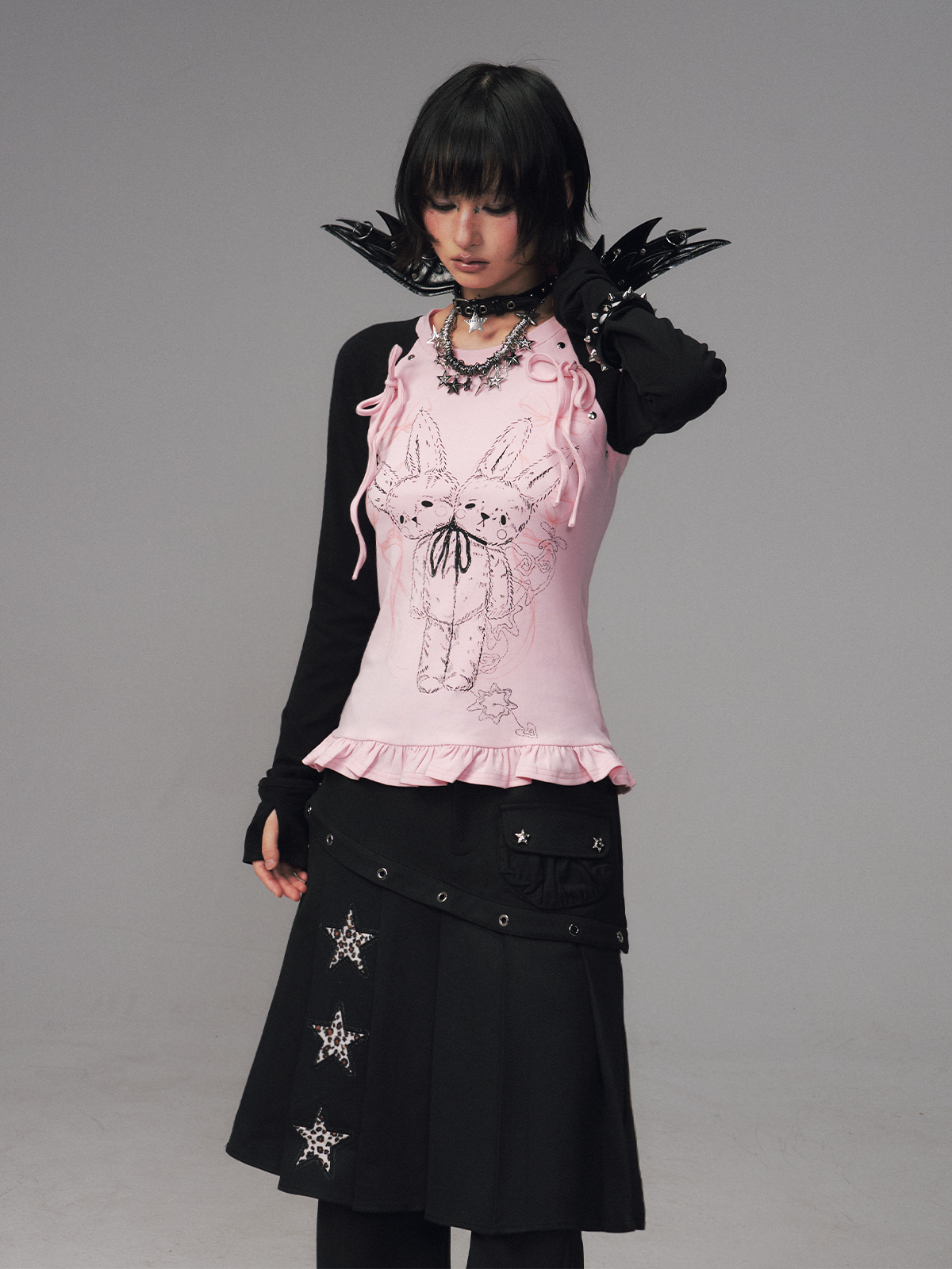 Bow Lace Print Raglan Long Sleeve T-Shirt FRU0126