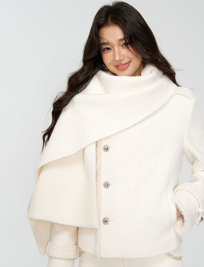 White Furry High-Neck Short Jacket/Scarf 4MU0164
