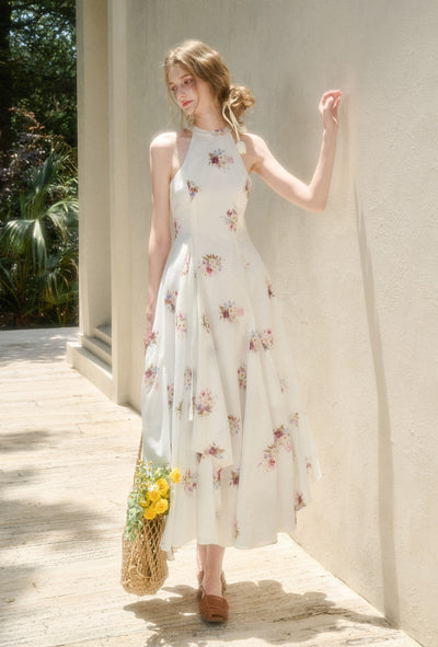 Halter Neck Flower Printed Dress GRO0160