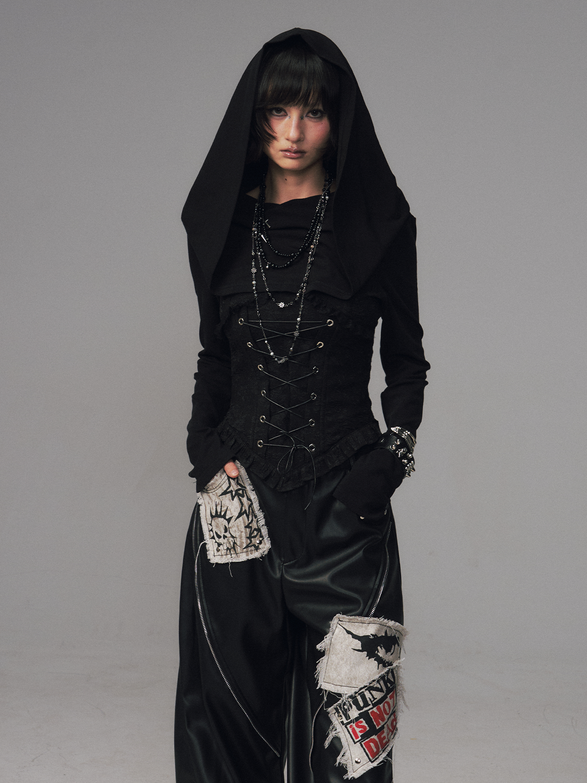 Dark Collar Hooded Patchwork Jacquard Top FRU0121