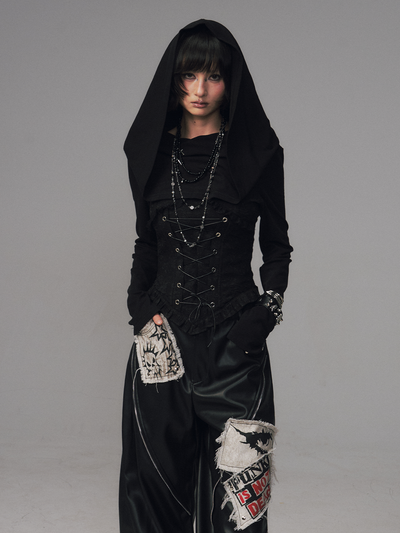 Dark Collar Hooded Patchwork Jacquard Top FRU0121