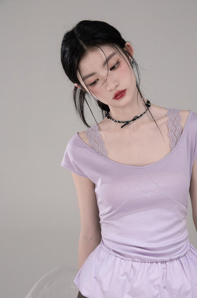 Purple Waist Slim Short Sleeve T-shirt COT0306