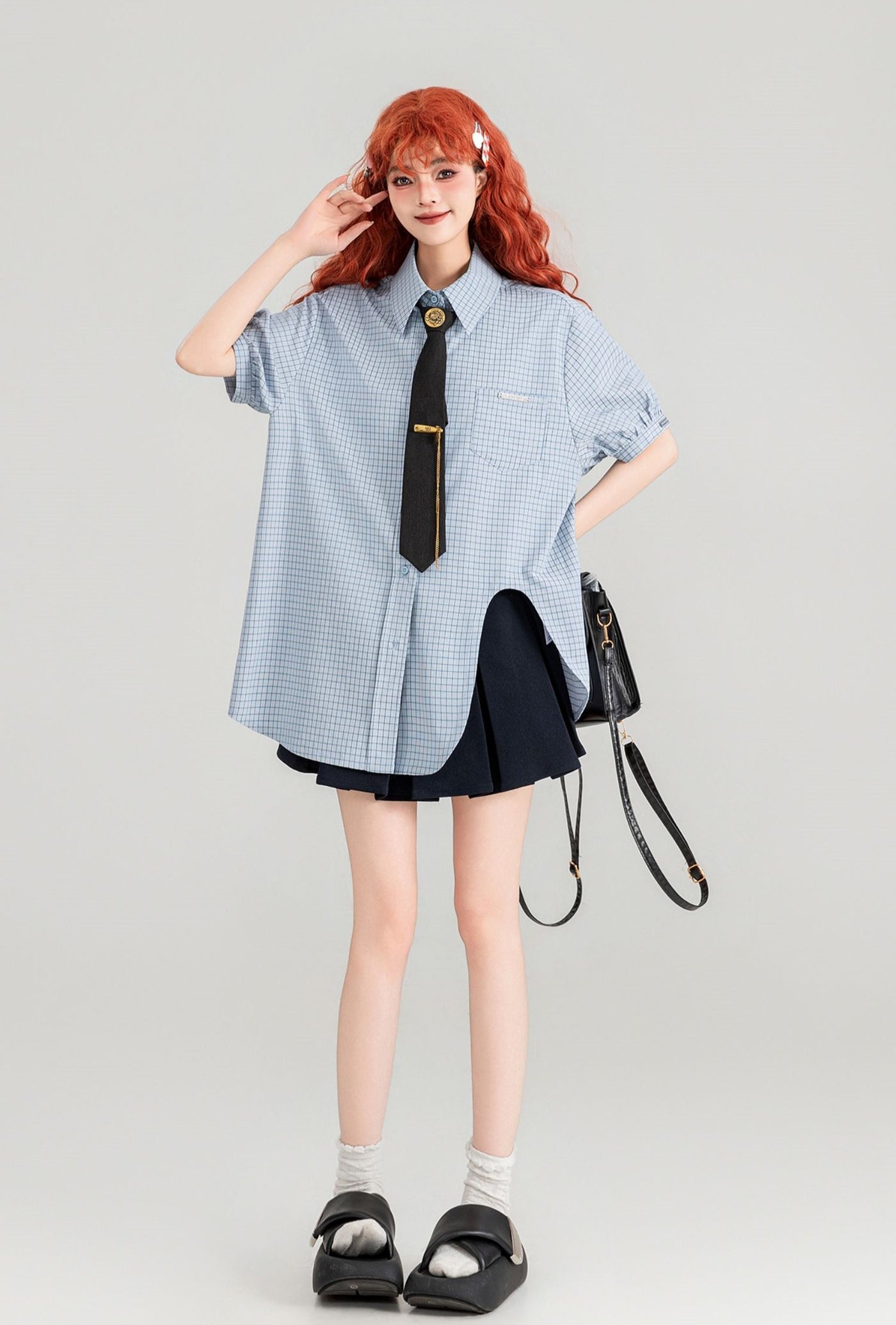 Blue Plaid Short-sleeved Shirt/Pleated Skirt/Black Tie KEI0091