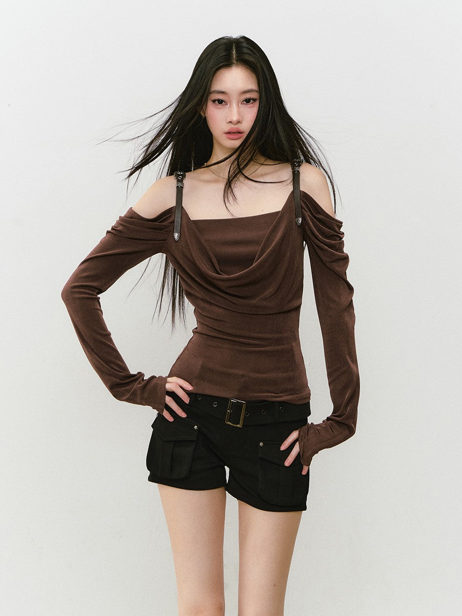 Leather Shoulder Strap Long-sleeved T-shirt VIA0336
