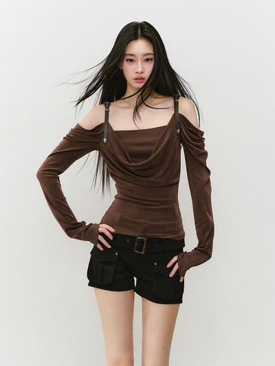 Leather Shoulder Strap Long-sleeved T-shirt VIA0336