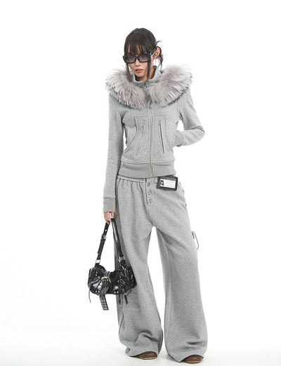 Fur Collar Hooded Sweatshirt Jacket/Pants UNC0326