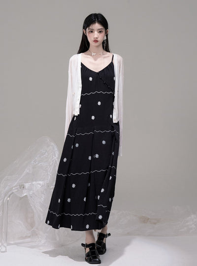 V-neck Shirt+Pleated Black Printed Dress COT0302