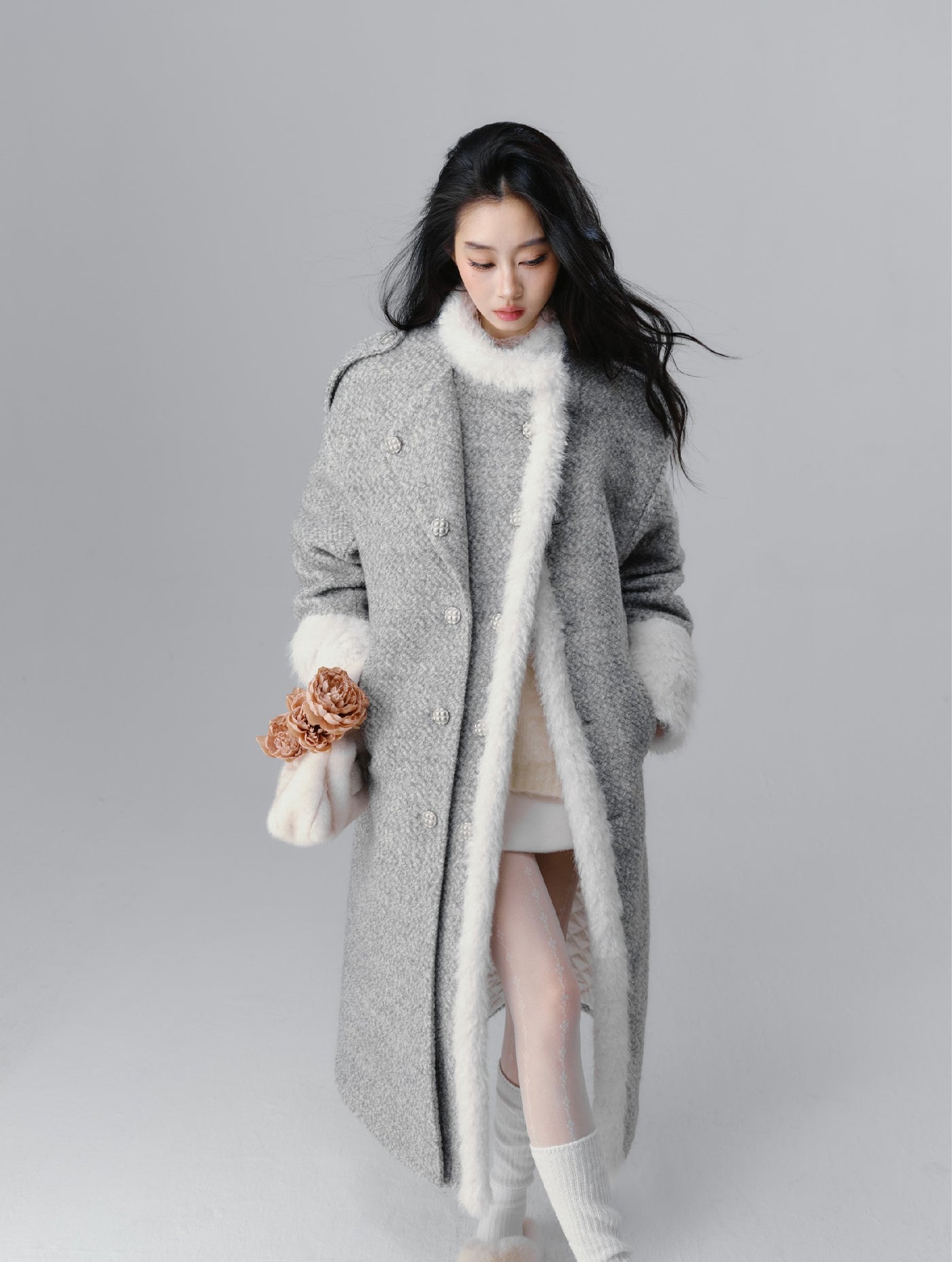 Icelandic Silver Snow Gray Fur Collar Woolen Long Coat SAL0093