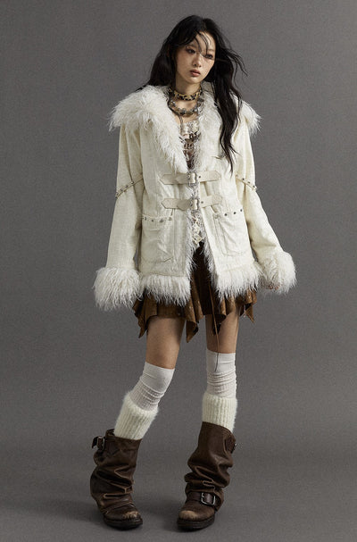 Romantic White Lapel Stitching Long Fur Jacket NOR0105