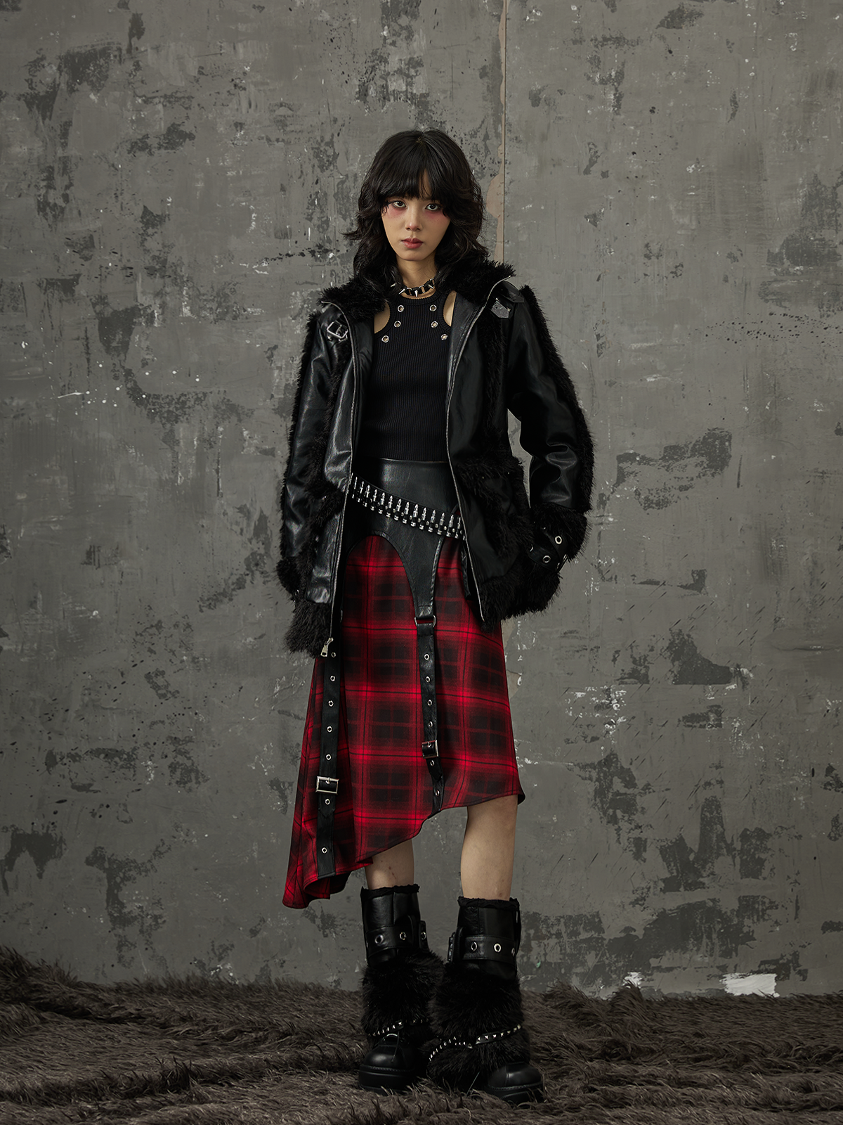 Punk Star Pocket Fur Patchwork Coat FRU0046