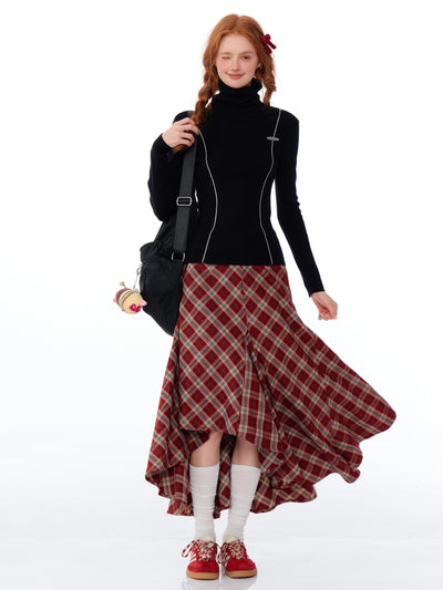 Retro High Waist Slim Medium Long Irregular Red Plaid Skirt ZIZ0190