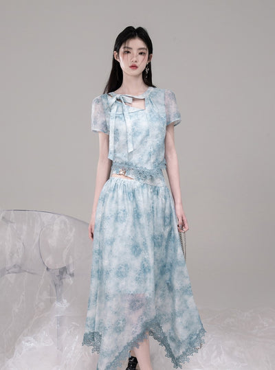 Blue Bow Collar Shirt+Irregular Skirt COT0316