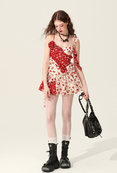 Rose Red Splicing Floral Suspender Dress DIA0167