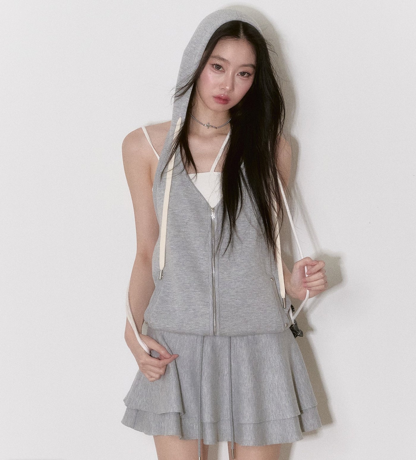 Gray Sleeveless Hooded Cake Skirt Dress VIA0149