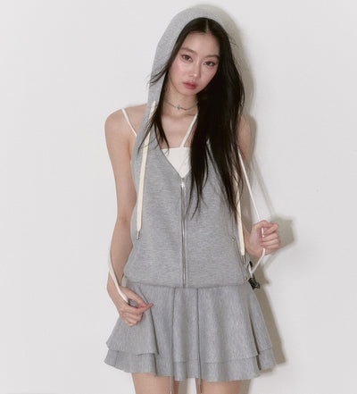 Gray Sleeveless Hooded Cake Skirt Dress VIA0149