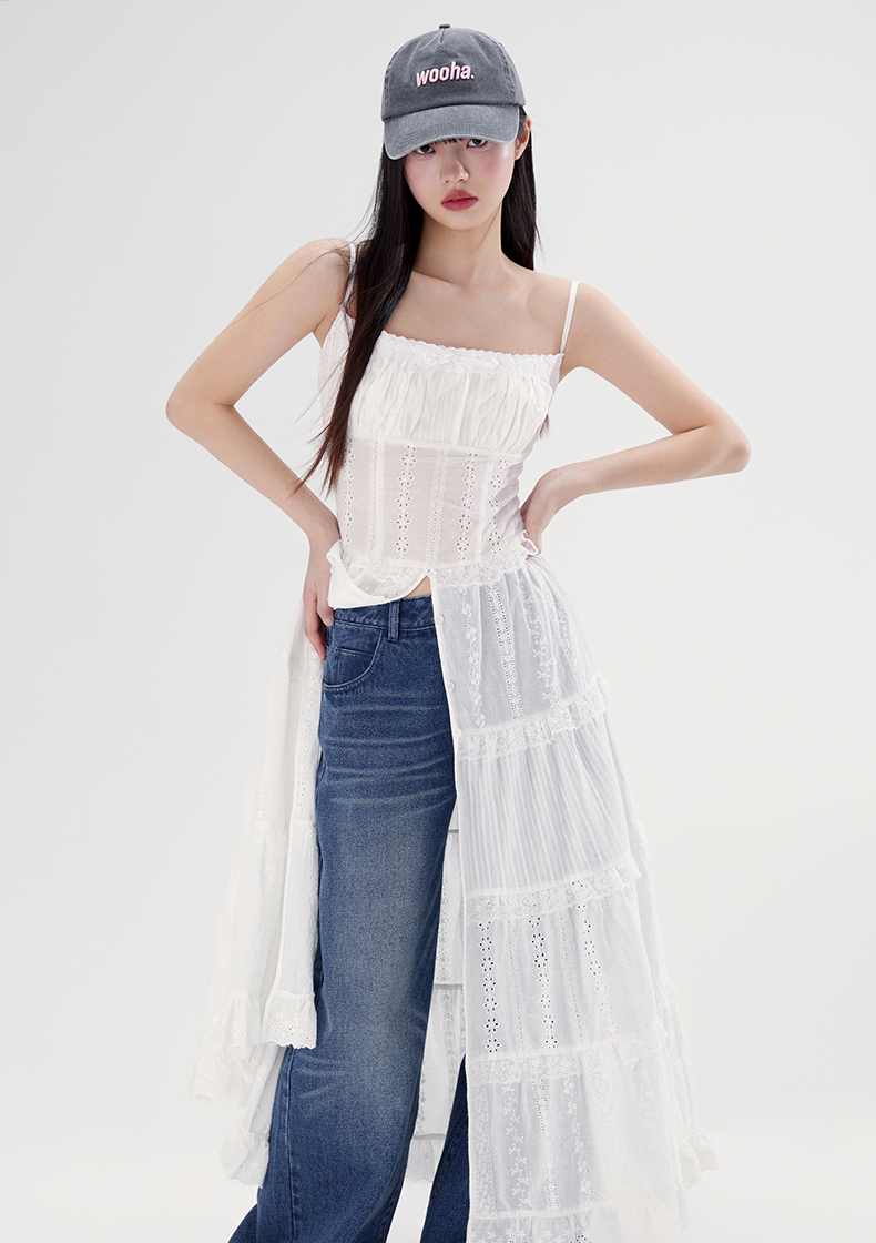 Lace Long White Suspender Dress WOO0098