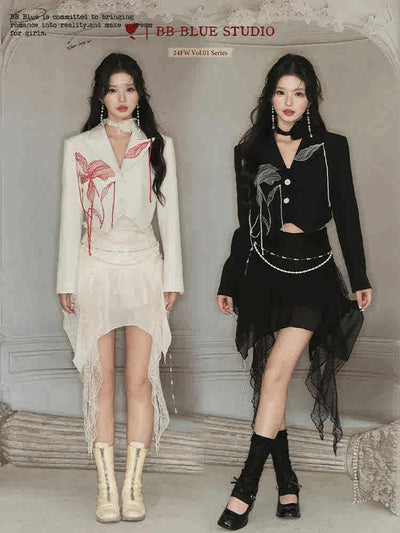 Embroidered string design hem cut short length jacket BBB0074