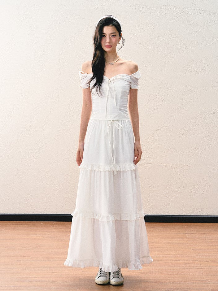One-shoulder White Lace Shirt/Skirt SHI0052