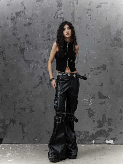 Punk Detachable Splicing Furry Flared Leather Pants FRU0050