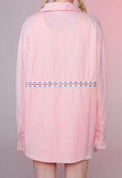 2-way letter print pink striped loose shirt GIF0018