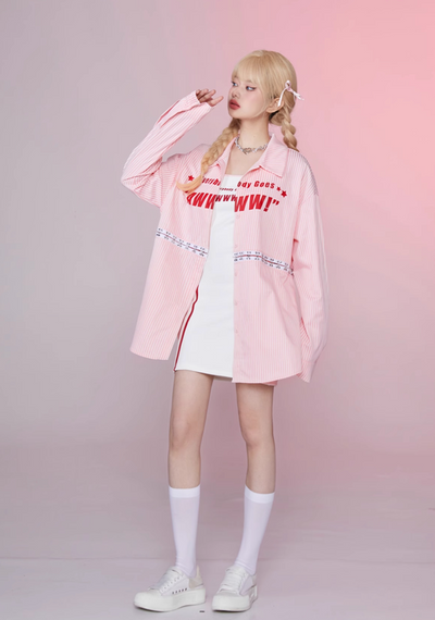 2-way letter print pink striped loose shirt GIF0018