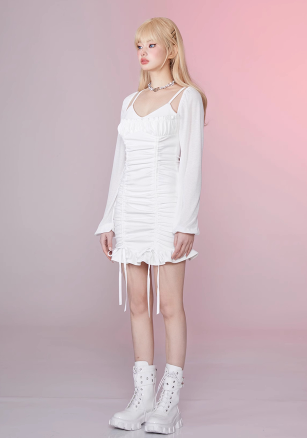 Gathered Ruffle Design Long Sleeve Tight White Dress GIF0021