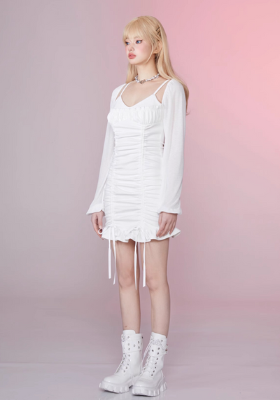 Gathered Ruffle Design Long Sleeve Tight White Dress GIF0021
