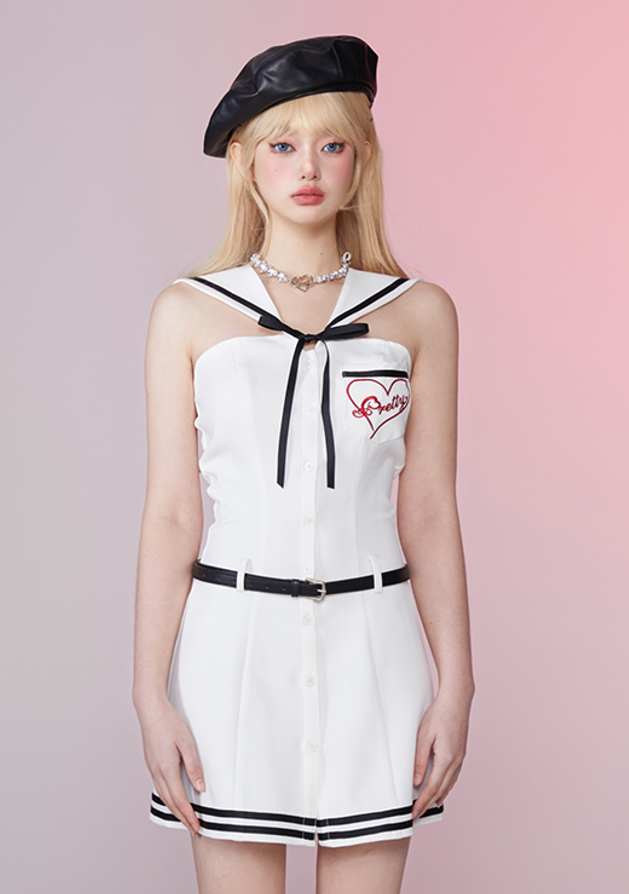 Sleeveless Waist Belt Sailor Dress GIF0022