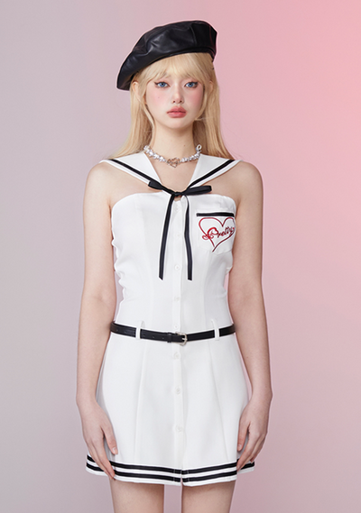 Sleeveless Waist Belt Sailor Dress GIF0022