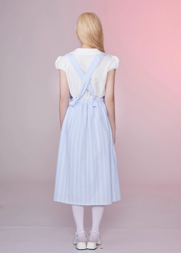 Short Balloon Sleeve Lace Blouse & Back Cross Bow Suspender Stripe Skirt GIF0024