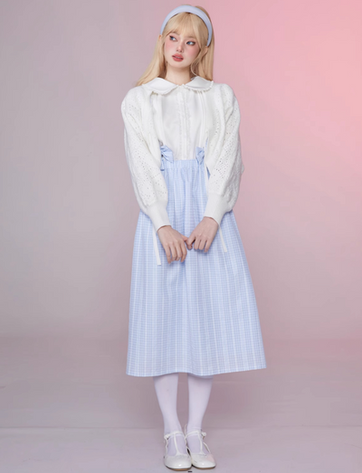 Short Balloon Sleeve Lace Blouse & Back Cross Bow Suspender Stripe Skirt GIF0024