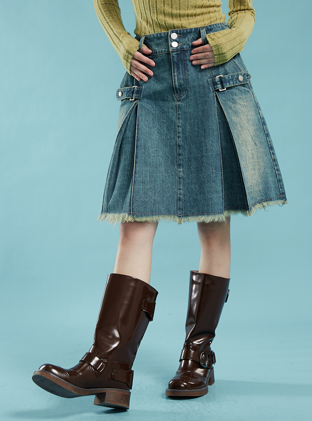 Fringe design washed denim loose jacket and pleated A-line knee-length skirt FLO0007