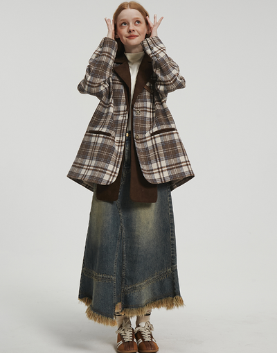 Wool blend plaid jacket with removable collar FLO0013