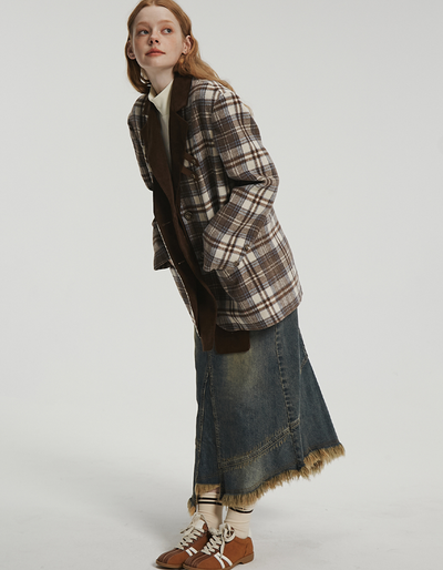 Wool blend plaid jacket with removable collar FLO0013