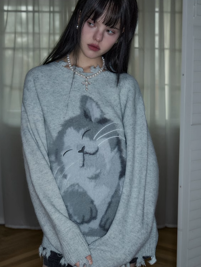 Gray Cat Pattern Lazy Loose Sweater PUN0005