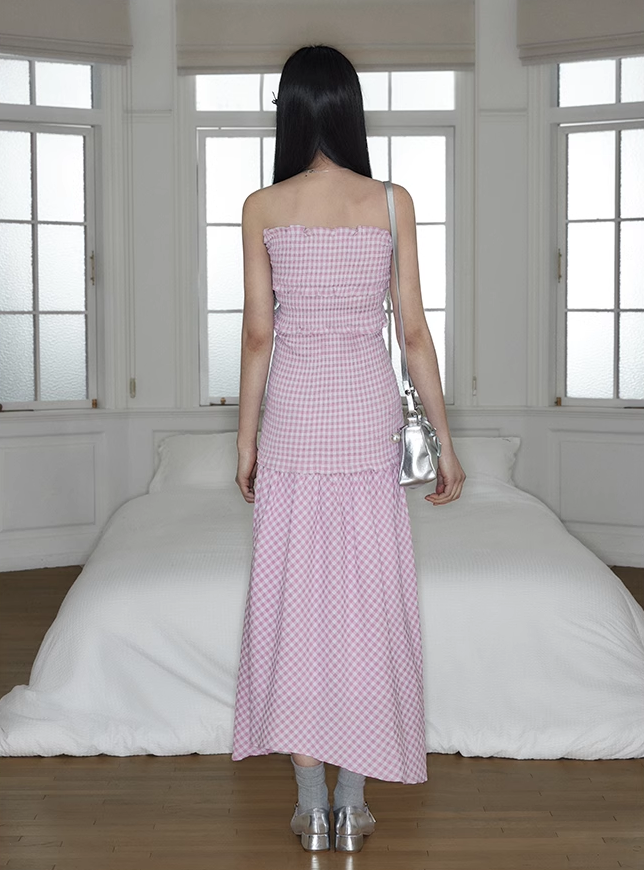 High-end Pink Tube Top Plaid Slim Fit Dress PUN0018