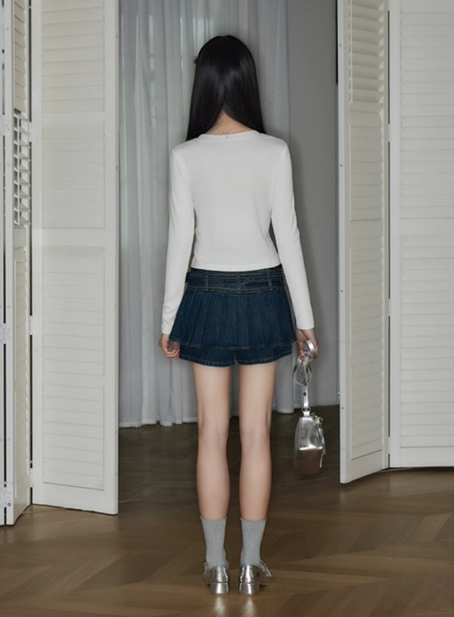 Pleated Slim Fit Short Denim Skirt Pants PUN0022