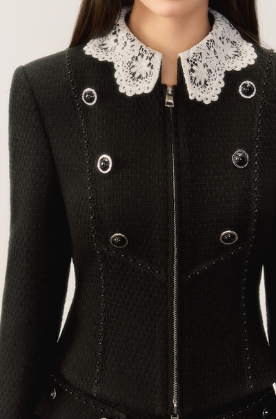 Lace Collar Slim Zip Elegance Jacket & Miniskirt OSH0020