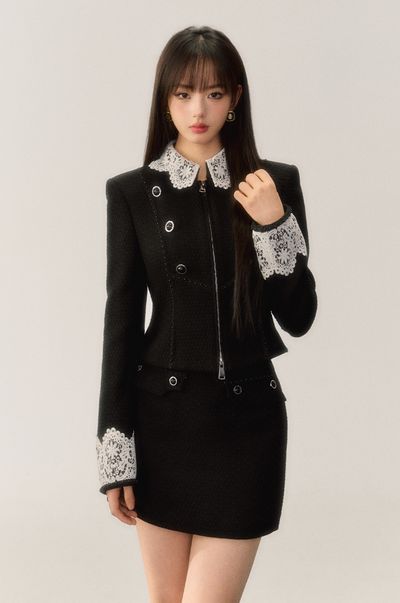 Lace Collar Slim Zip Elegance Jacket & Miniskirt OSH0020