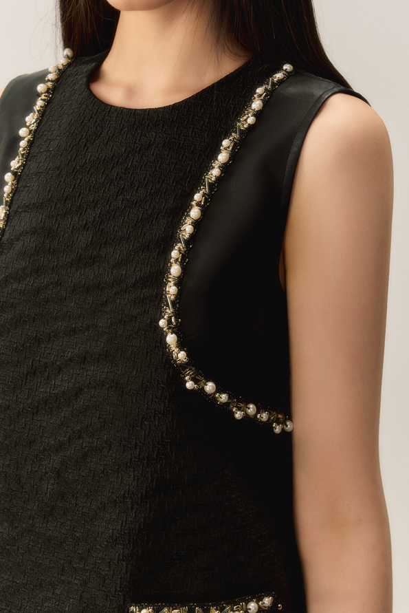 Pearl design mixed different material sleeveless mini dress OSH0022