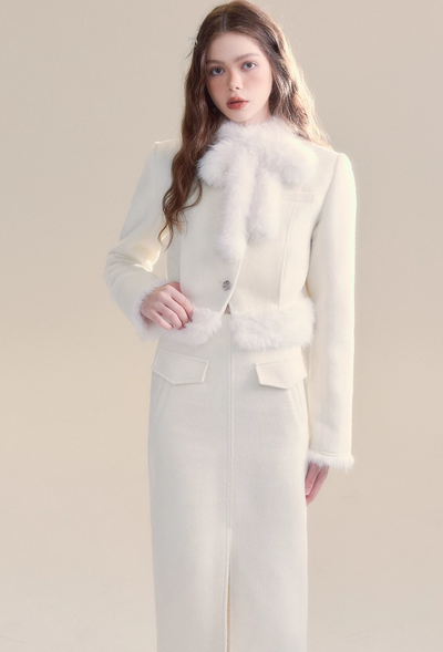 Soft fur scarf collar hem fur button jacket & center slit long skirt SUN0020