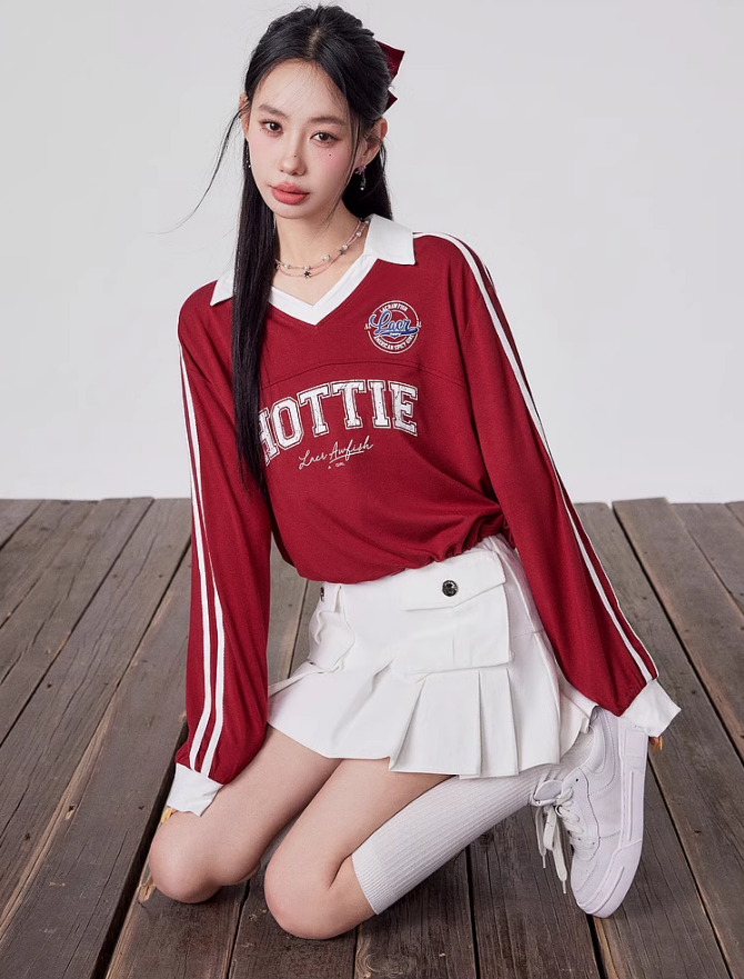 Sports Style Contrasting Color V-neck Loose Sweatshirt LAC0164