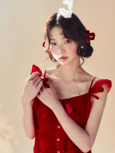 Frilled Shoulder Lace Red Girly Dress SUN0034