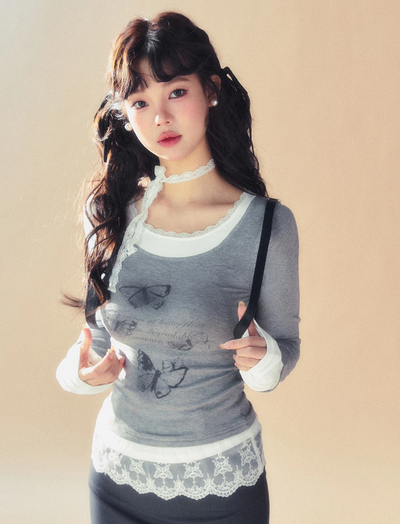 Butterfly Print Lace Crew Neck Docking Top SUN0045